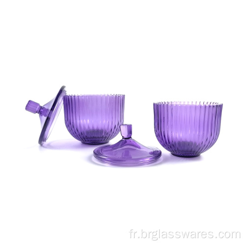 Série de pots à bougies colorées pulvérisées en verre de nouveauté avec décoration nervurée et jante et bouton en or